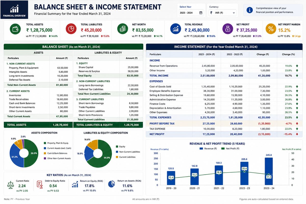 Balance sheet and income statement screenshot